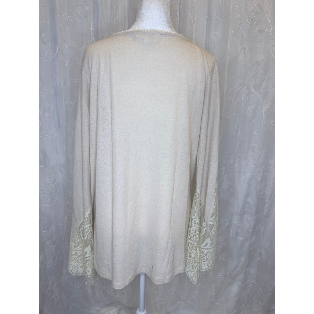 Peach Love CA Beige Lace Bell Sleeve Knit Top Tunic Scallop Neck Cream Large - Picture 3 of 8